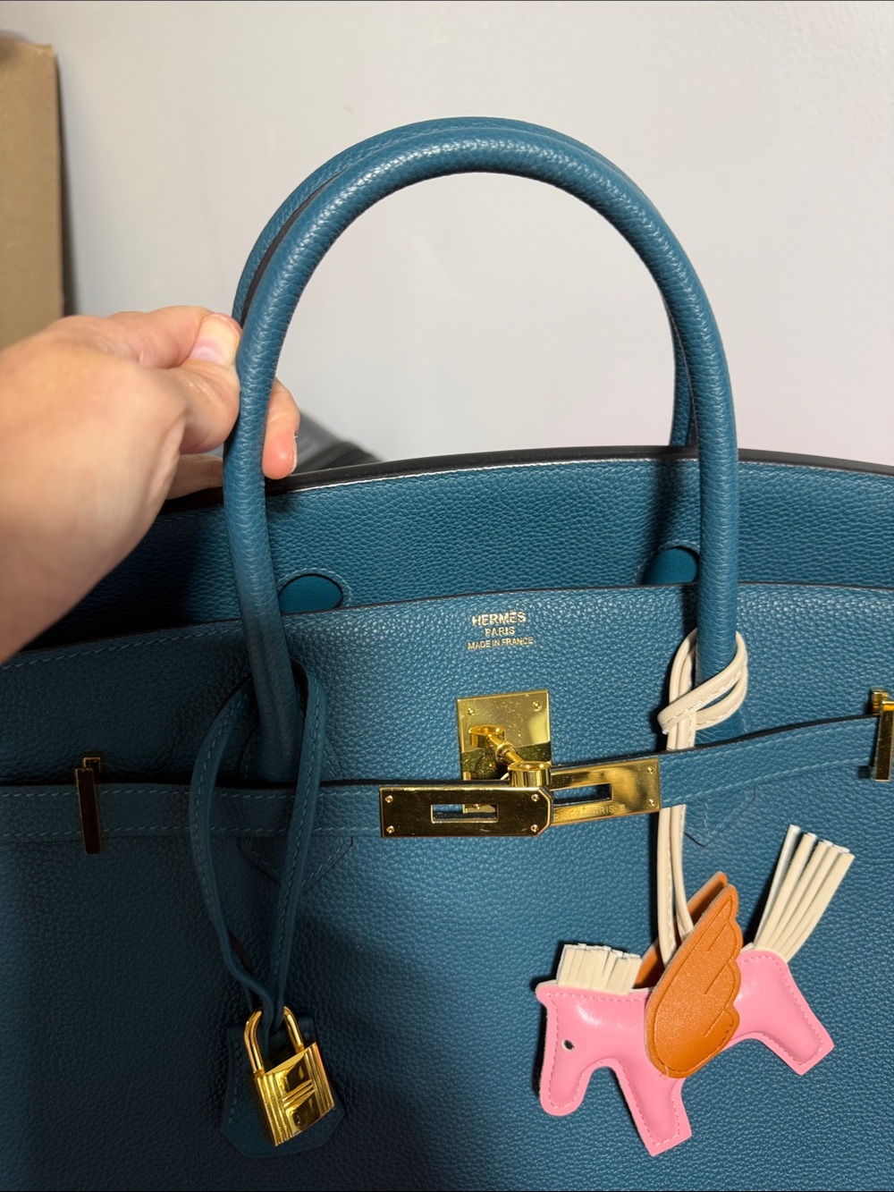 Size 40 Teal Leather Structured Top-Handle Bag with Gold Hardware - Picture 3 of 10